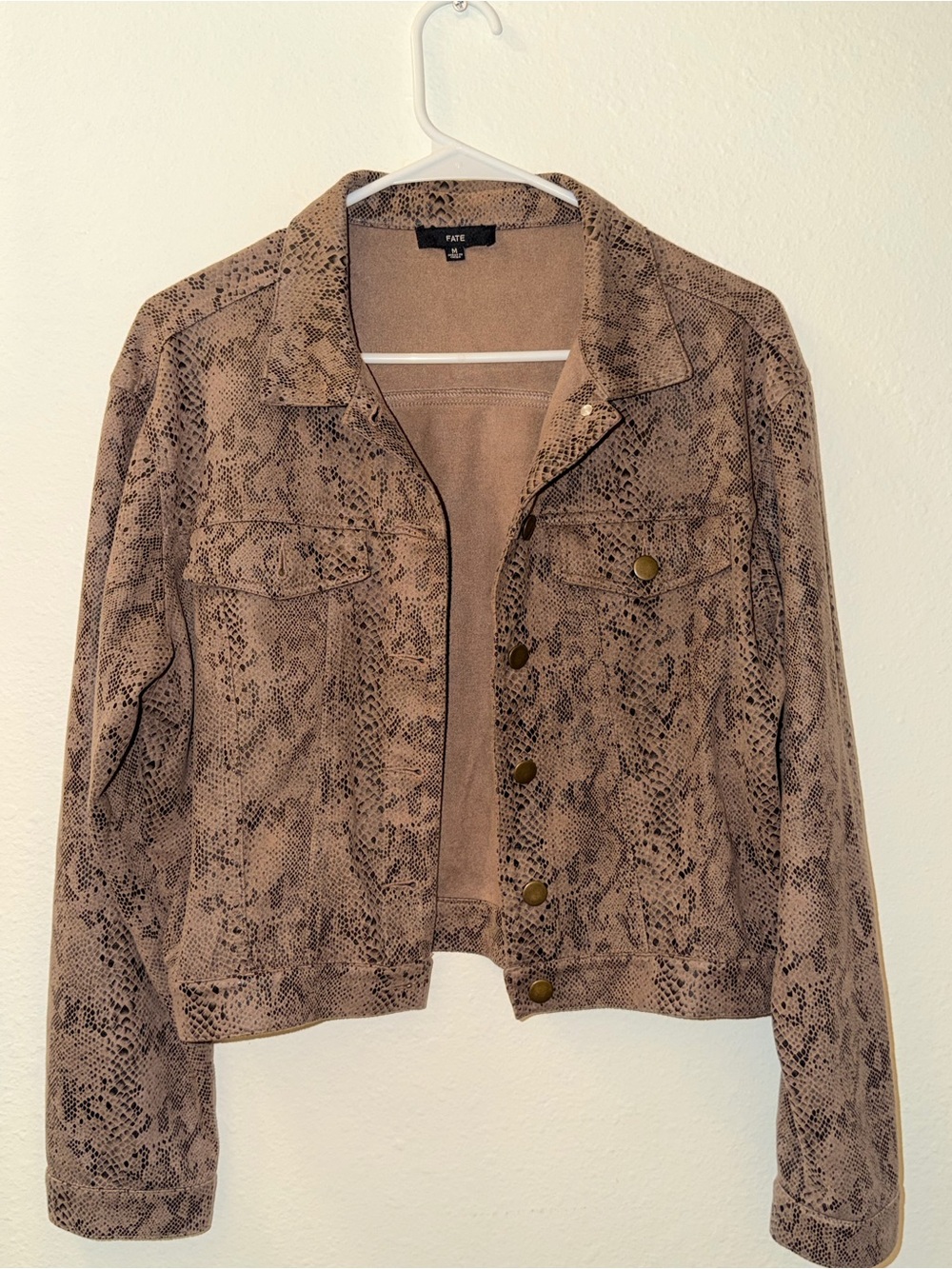 Fate Taupe Snake-Print Cropped Jean Jacket